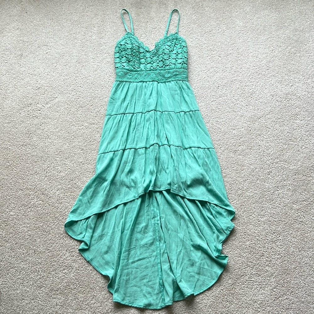 No Boundaries Teal Crochet High Low Dress